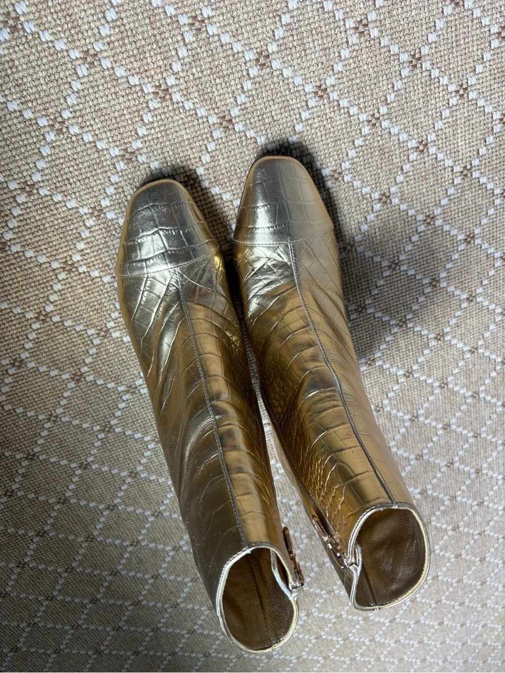 Gold Croc-Embossed Women's Ankle Booties with Square Toe